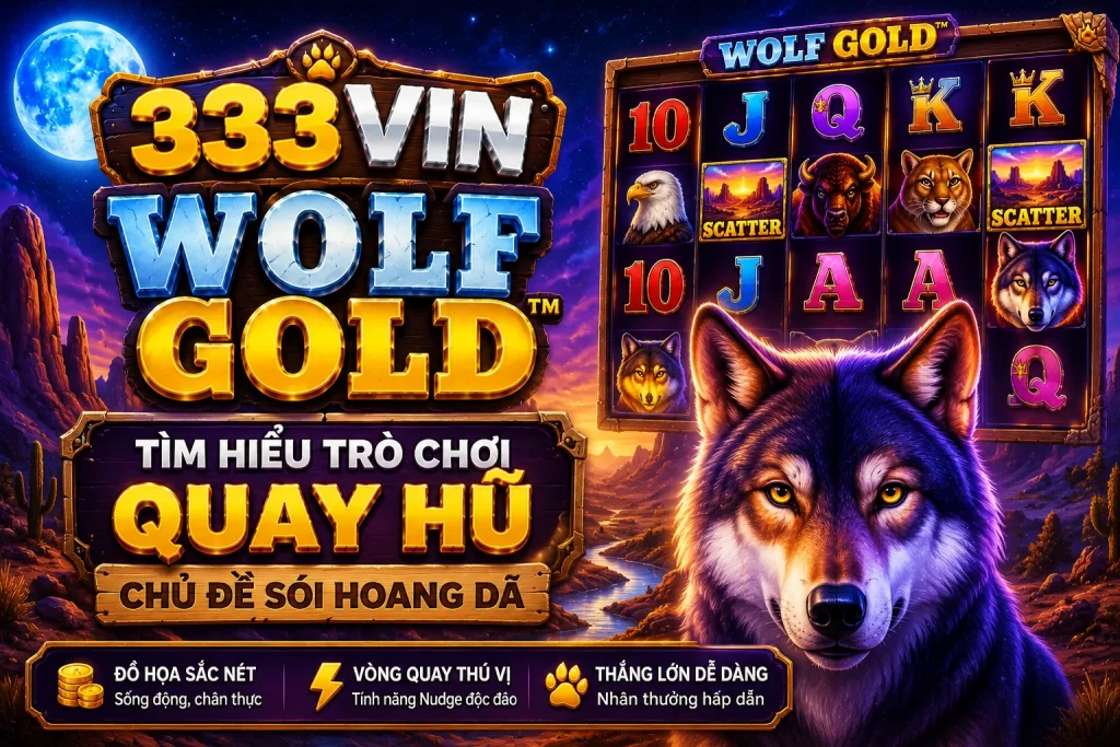 Banner 333VIN Wolf Gold với chú sói mạnh mẽ trên núi đá, rừng cây dưới ánh trăng và hiệu ứng xanh tím vàng huyền bí.