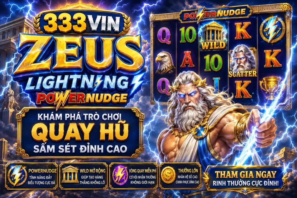 Banner 333VIN Zeus Lightning Powernudge với thần Zeus cầm tia sét giữa mây trời, đền Hy Lạp và hiệu ứng xanh vàng rực rỡ.