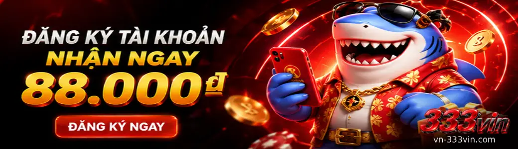 Banner giới thiệu 333VIN với hình ảnh cá mập và ưu đãi đăng ký tài khoản